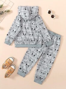 SHEIN 2 pièces Ensemble de sweat-shirt à capuche et pantalon à imprimé chat pour jeunes filles 2024 - Multicolore - Voir 2