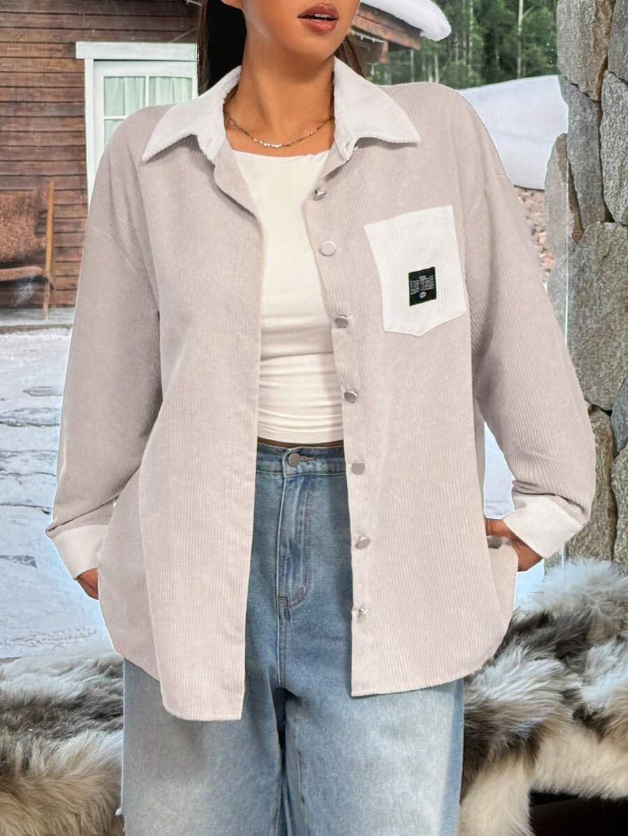 SHEIN EZwear 大码纯色拼布前扣长袖口袋灯芯绒夹克,秋冬 - 彩色 - 查看 1