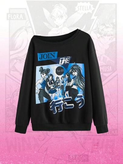 Winx Club X ROMWE Women's Casual Cartoon Figure & Letter Print Asymmetrical Neckline Loose Sweatshirt, Spring/Autumn