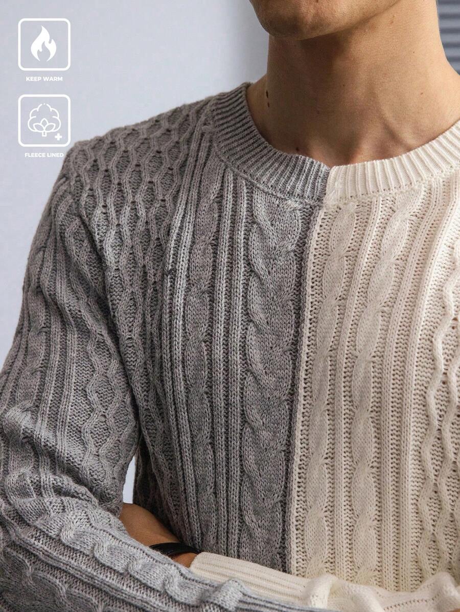 Manfinity Homme 男士拼色圆领长袖休闲针织毛衣，秋冬 - 彩色 - 查看 1