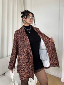 Calvaya Plus Size New Retro Oversized Chic Leopard Print Blazer For Women, Spring Autumn
