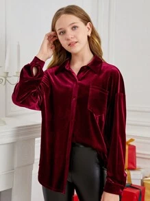 SHEIN Koszula z długim rękawem dla nastoletnich dziewcząt w kolorze czerwonego wina/zimy/codziennie/aksamitne klapy