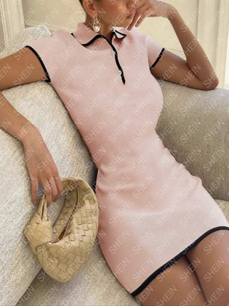 SHEIN Unity 女士休闲日常拼色纽扣装饰紧身短袖毛衣连衣裙 - 珊瑚粉 - 查看 1