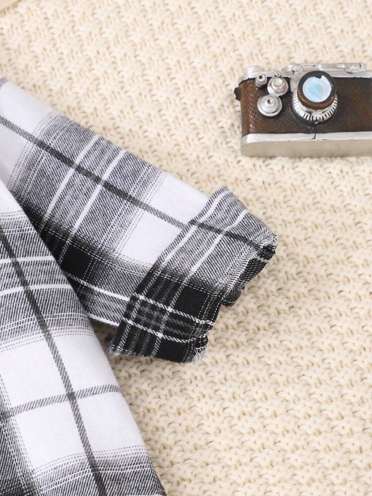 男婴休闲时尚西部牛仔刺绣格子长袖纽扣衬衫，适合居家、休闲和外出 - 黑與白 - 查看 5