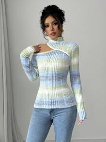 Elenzga 1pc Women Ombre Blue Long Sleeve Scoop Neck Fitted Sweater,Long Sleeve Tops, Knit Pullover Fall Winter - Blue - View 3