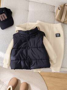 SHEIN 3 件套男婴休闲保暖背心夹克、连帽运动衫和裤子套装，适合秋冬季 - 杏色 - 查看 9