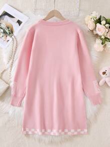 Girls Pink Crew Neck Knit A-Line Dress With Letter Jacquard Knit & Bear Print, For Tween Girl - Pink - View 2