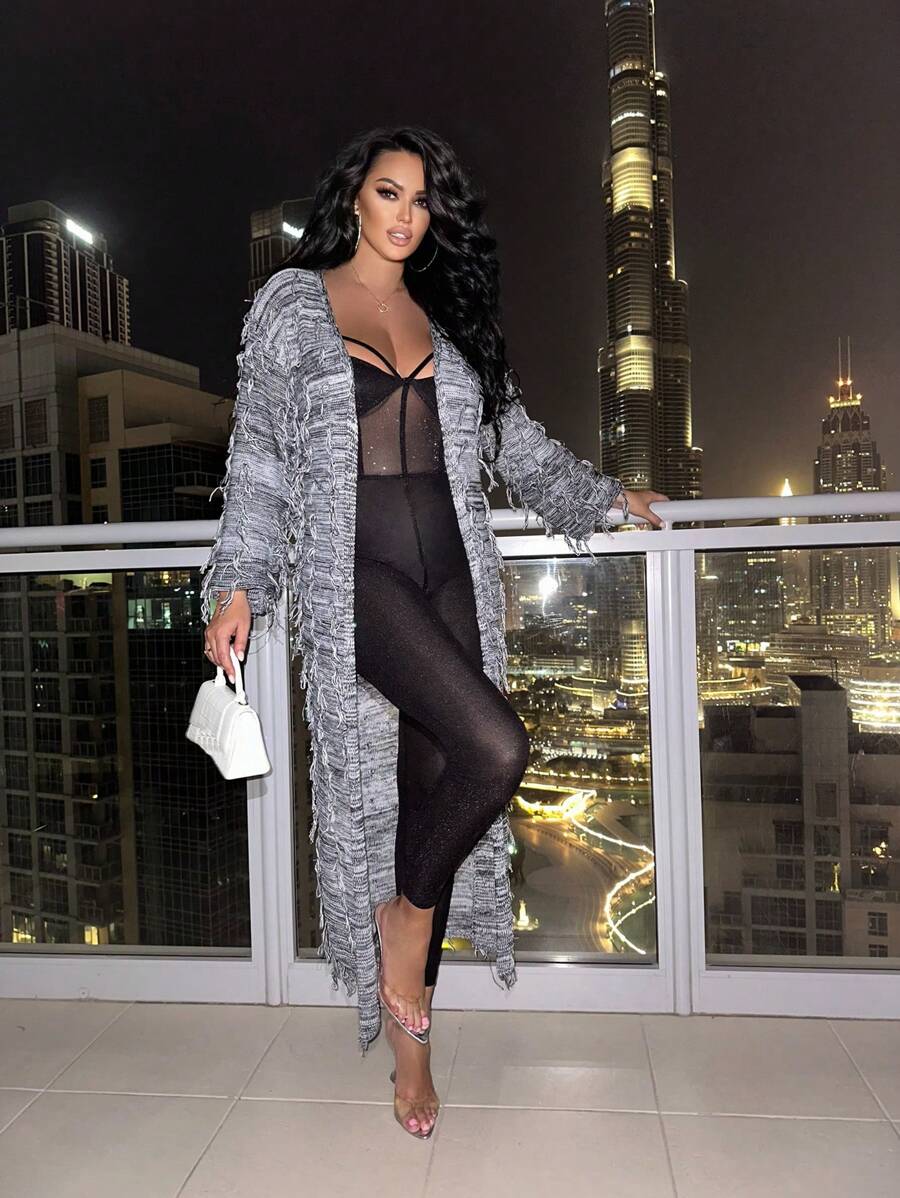 Zolique Áo khoác cardigan dài tay dài viền tua rua vải hỗn hợp thời trang nữ, Thu/Đông - Nhiều màu - Xem 1