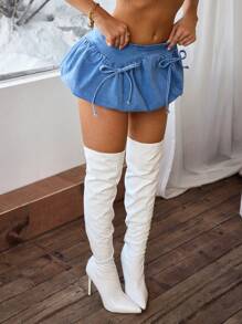 SHEIN EZwear 女士蝴蝶结装饰喇叭短休闲牛仔裙 - 藍色 - 查看 5