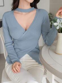 DAZY Solid Color V-Neck Slit Fitted Women Sweater,Fall Clothes - Blue - View 5