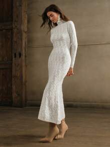 Anewsta Elegantes Weihnachten Jacquard Stehkragen Bodycon transparentes Fischhaut Maxikleid für Frauen