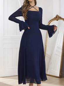 Modelyn 1 件女士优雅精致时尚喇叭袖方领海军蓝连衣裙长款女装 - 藏蓝色 - 查看 5