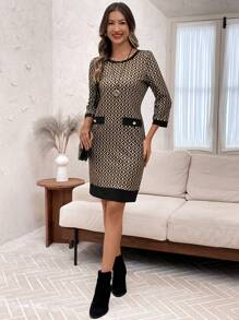 EMERY ROSE Women's Autumn Casual Geometric Print Fitted Mini Dress - Brown - View 5