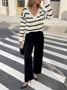 SHEIN Frenchy Black White Striped Pattern Scallop Trim Drop Shoulder Sweater,Long Sleeve Tops In Fall/Winter - Black and White - View 5