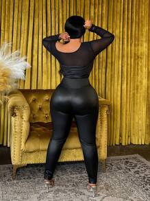 Slaydiva 休闲时尚大码女式高腰 PU 铆钉贴片紧身打底裤 - 黑色 - 查看 4