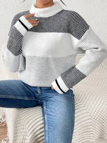 SHEIN Unity 女士圆领撞色落肩针织套头衫，秋冬款 - 彩色 - 查看 3