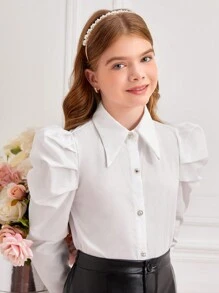 SHEIN Tween Girl Elegant Turndown Collar Gigot Sleeve Button-Up Solid Color Long Sleeve Blouse, Spring/Summer - White - View 7