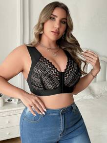 1 pièce de soutien-gorge sans armatures en dentelle contrastée à fermeture frontale grande taille, lingerie - Noir - Voir 4