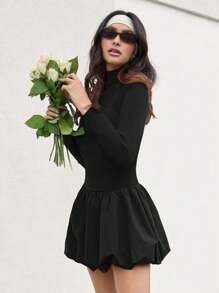 COSMINA Women's Solid Color Stand Collar Long Sleeve Lantern Hem Fashion Mini Dress, Autumn