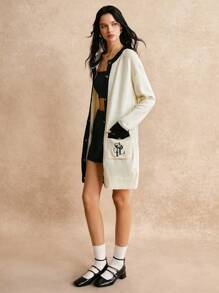 Poéselle 米色撞色落肩长袖撞色刺绣金属纽扣长款针织开衫，米色针织开衫，可爱毛衣，蓬松毛衣，仙女芯，V 领长袖，轻松时尚必备 FW24，秋季女装，女士长款毛衣，FW24 秋冬系列 - 黑與白 - 查看 6