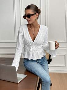 SHEIN Frenchy 1pc Women Plain Front Tie Long Sleeve Minimalist Blouse, Casual Daily Wear,Fall Clothing,Thanksgiving Women Outfit,Halloween Women Costumes,Elegant Women Dresses ,Dress With Bow,Long Sleeve Women Blouses,Thanksgiving Shirt Winter White