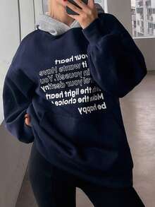 DAZY Color Block Patchwork Thermal Lined Hoodie Sweatshirt With Letter Print For Women,Fall Clothes