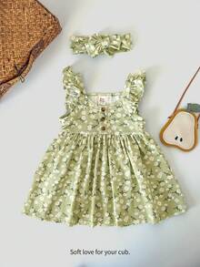 Cozy Pixies 女婴花卉印花圆领荷叶边下摆收腰短袖茶会连衣裙