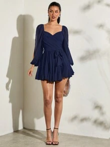 SHEIN BAE Vestido ligero y transparente con mangas acampanadas divididas, color negro sólido, escote corazón sexy con lazo, casual para vacaciones y fiestas en la playa