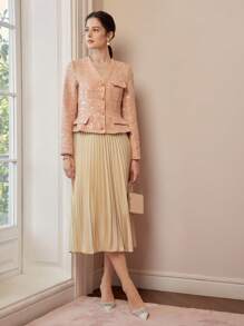 MOTF PREMIUM TWEED SEQUINS V-NECK FLAP DETAIL JACKET - Pink - View 5