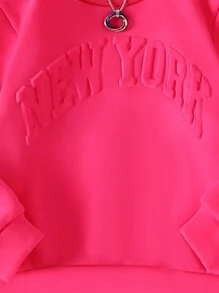 SHEIN Explorewe 2 bộ trang phục thể thao giản dị tối giản cho bé gái - Áo nỉ dài tay cổ tròn rộng rãi họa tiết lông cừu và quần thể thao lót nhiệt màu trơn cạp chun, mùa thu/đông - Màu Hồng Tươi - Xem 5