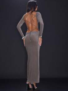 MUSERA 外出连衣裙 长袖系带露背长款假日派对连衣裙 优雅春夏度假秋季长裙 - 灰色 - 查看 2