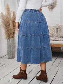 SHEIN LUNE Plus Size Casual Everyday Front Button Ruffle Hem Denim A-Line Skirt, Autumn