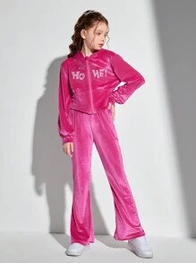 SHEIN Explorewe 青少年女孩天鹅绒两件套：短腰收腰水钻天鹅绒夹克和喇叭天鹅绒裤，Y2K 时尚，紫红色 - 玫紅色 - 查看 1
