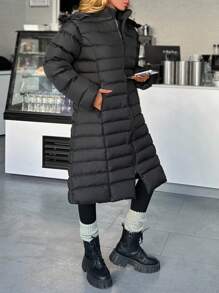 EURMUSE Fuzzy Trim Zip Up Hooded Padded Coat - Black - View 4