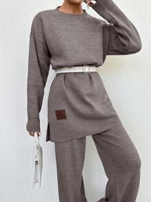 EURMUSE Women's Drop Shoulder Sweater And Sweater Pants Set - Camel - View 3