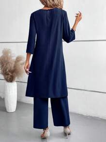 EMERY ROSE Women 2pcs Set - Solid Color Wrap Hem Casual 3/4 Sleeve Blouse & Elastic Waist Long Pants, Autumn