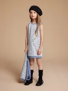 PrepCrw Young Girls Autumn Elegant Plaid Jacket And Dress Set - Blue - View 5