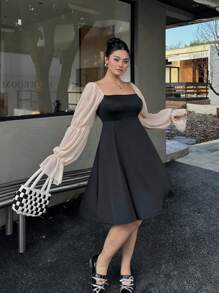 Flirla Vestido de manga larga de malla de lujo ligero con contraste para mujer de talla grande, vestido negro elegante de estilo francés de primavera y otoño con cintura ceñida para fiesta de noche