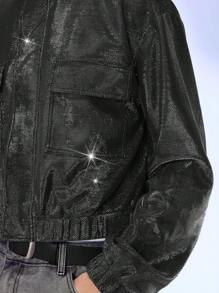 Manfinity VCAY Áo khoác bomber dệt kim mỏng vừa vặn, cổ bẻ ngắn, trong suốt, dành cho nam, mùa thu đông - Bạc - Xem 5
