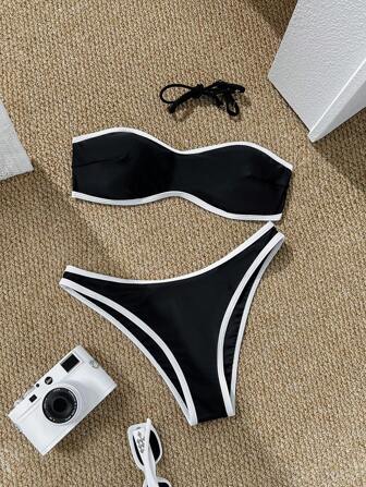 Swim Mod 2pcs/Set Women Sexy Wireless Bandeau Top & Color Block Triangle Bottom Bikini Set, Summer