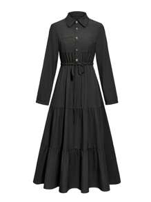 Women's Long Sleeve Solid Color Cinched Waist Ruffle Hem Midi Dress - Black - View 4