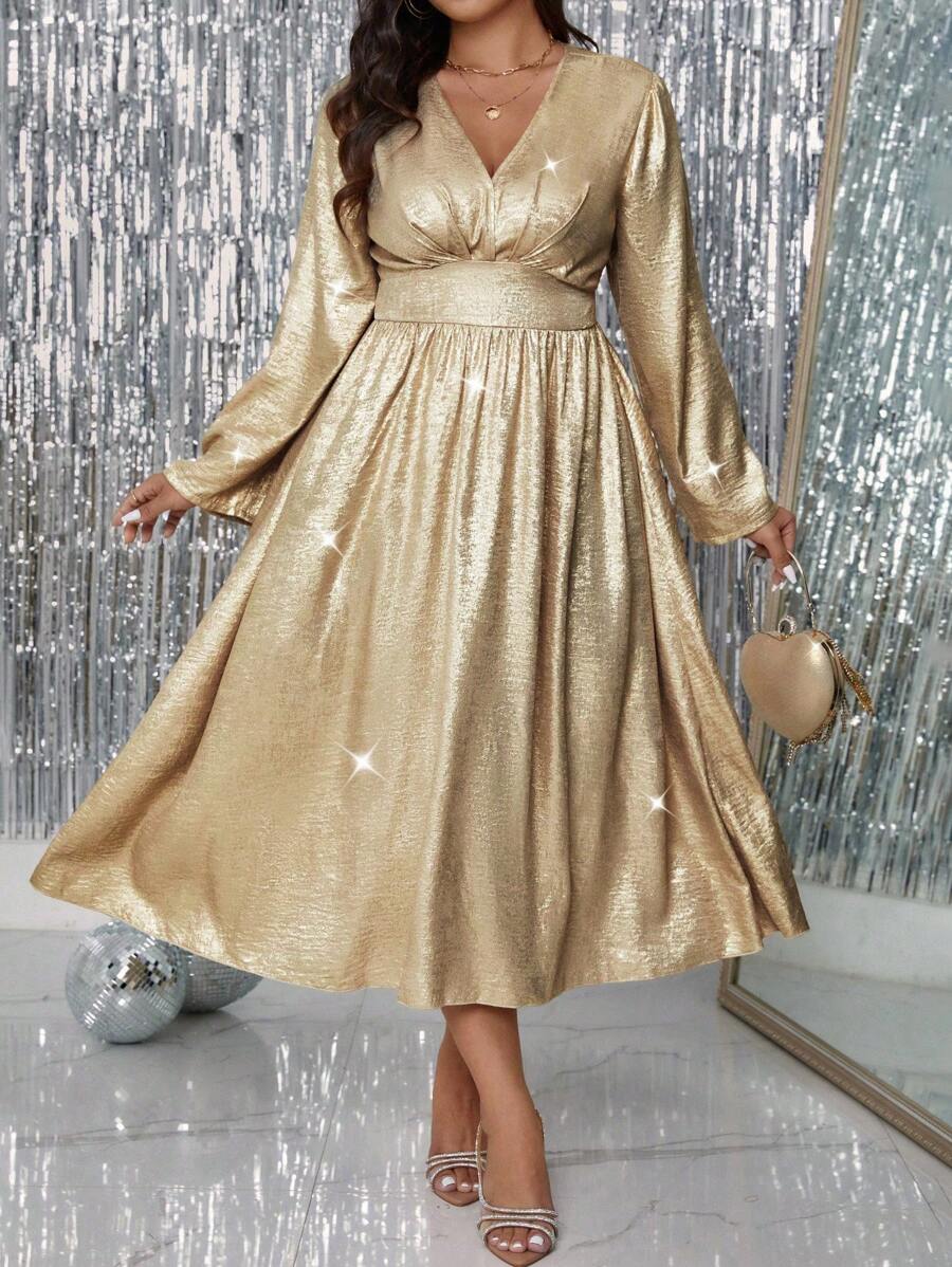 Allurite Váy Maxi lấp lánh kim loại cỡ lớn, tay loe, eo thắt, cổ chữ V, viền loe, váy bóng cho tiệc năm mới - Vàng - Xem 1