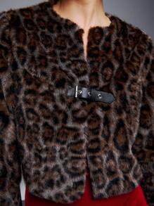 SHEIN Unity Abrigo de manga larga con cinturón y efecto esponjoso con estampado de leopardo - Marrón - Ver 5