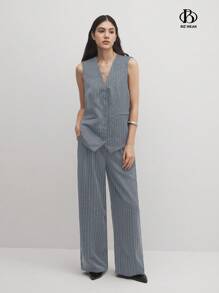 BizChic بدلة سترة وبنطال أسود وأبيض مخطط بتباين الألوان للنساء - رمادي - مشاهدة 1