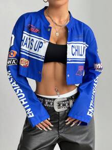 StreetHx Women Streetwear Motorcycle Style Letter Print Short Jacket Fall Winter Cloth For Women - Blue - View 6