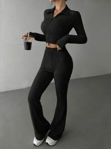 SHEIN EZwear 黑色针织女式拉链长袖短款上衣和紧身裤两件套 - 黑色 - 查看 5