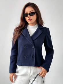 SHEIN PETITE 1件女款秋冬純色彼得潘領長袖雙排扣短版夾克，適合嬌小女性 - 藏蓝色 - 查看 5