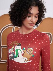 We Bare Bears X SHEIN 女士休闲卡通熊、字母和雪花印花长袖修身 T 恤，圣诞节 - 紅色 - 查看 5