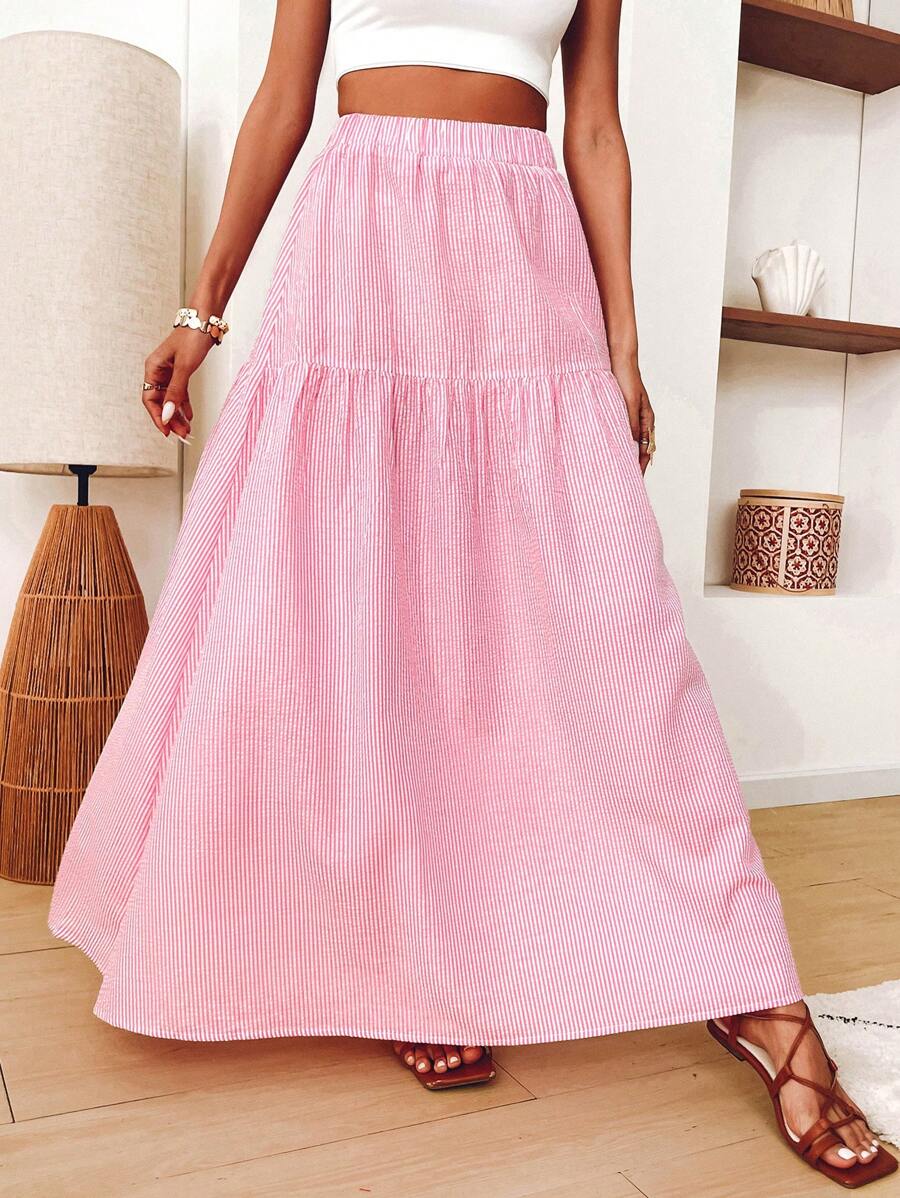 SHEIN VCAY Women's Elastic Waist Loose Striped & Floral Print Skirt, Vacation Style,Back To School For Daily Wear,Fall Outfits,Commute,Minimalist,Office,Old Money,Simple,Teacher Clothes,Pink Women Skirt,Light Pink Skirt,Fall Women Outfits,Pink Costume - Pink - View 1