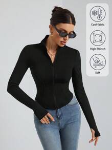 SHEIN Tall Women's Sun Protection Basic Jacket High Elastic Knitted Fabric In Fall/Winter - Black - View 1